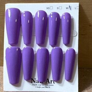 Nail Art Purple Press On Nails Medium Size Long Coffin Shape Glossy Finish 10pc